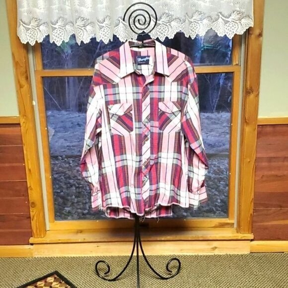 Wrangler Western Pearl Buttoned Long‎ Sleeve Red Plaid Casual Sz. XL Shirt - Picture 1 of 8